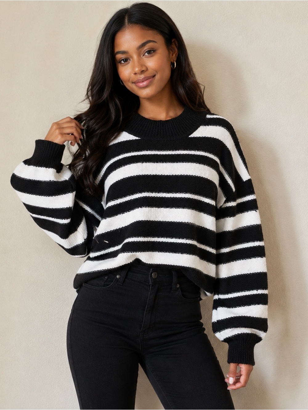 Jessica Simpson Black & White Striped Crewneck Sweater